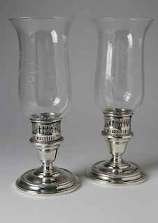 Pair of Kenilworth Sterling Silver Candlesticks with Etched Glass Hurricanes