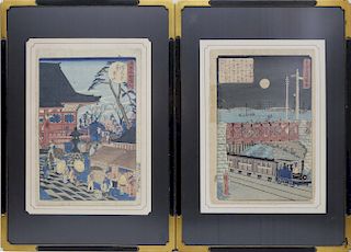 Two Hiroshige Japanese Woodblock Prints "Railroad at Shinagawa" and "Japanese Theatre"