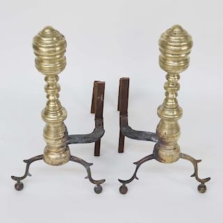 Pair of American Multi-turned Brass Andirons, circa 1800