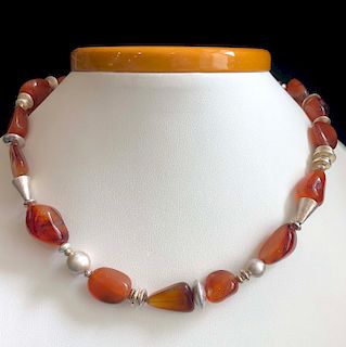 Polished Carnelian Nugget, Fresh Water Pearl Sterling Silver Necklace