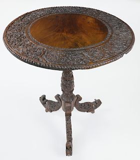 Anglo-Indian Carved Teak Wood Round Side Table, circa 1900
