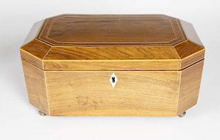 English Regency Satinwood Jewelry Box with Line Inlays and Canted Corners, 19th Century