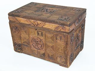 American Profusely Carved Pine and Split Bamboo Hinged Top Box, 19th century