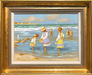 Vernon Broe Oil on Masonite "Children Collecting Sea Shells at Seaside's Edge",
