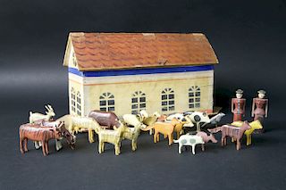 19th Century German Carved and Painted Noah's Ark with Animals, Noah and Wife