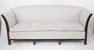 Grey Linen Upholstered Sofa on Mahogany Frame and Legs