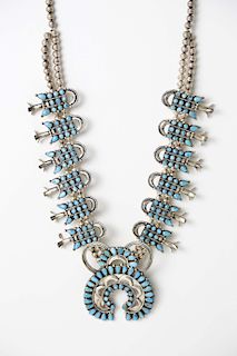Victor Moses Begay Navajo Turquoise and Silver Squash Blossom Necklace
