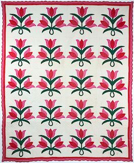 Red and Pink Tulip Applique Quilt with Red and Pink Undulating Border