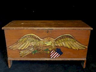 19TH C. DECORATED BLANKET CHEST WITH EAGLE MOTIF