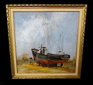 CALVIN COBB HART SGN. OIL ON BOARD WE TOO BOAT
