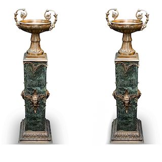 Pair Of Marble and Bronze Pedestal Urns