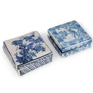 (2 Pc) Chinese Blue and White Porcelain Ink Box