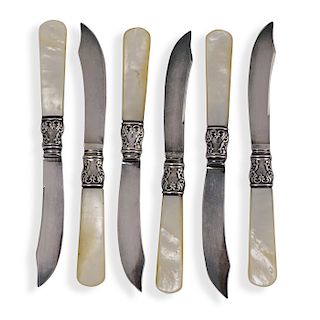 (6 Pc) Mother Of Pearl and Sterling Fish Knives