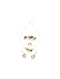 NECKLACE, BRACELET, RING AND EARRINGS SET WITH CULTURED PEARLS, AMETHYST, CITRINE, ROCK CRYSTALS, AQUAMARINES, RUBY AND PERIDOT. 18K YELLOW GOLD. TOUS