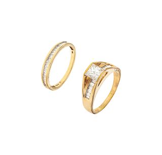 RING AND HALF ETERNITY RING WITH DIAMONDS. 18L AND 14K YELLOW GOLD