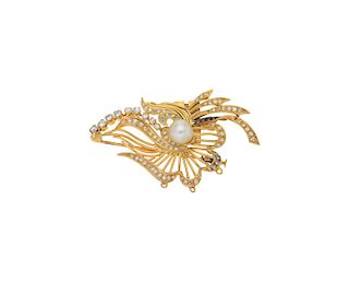 CLASP TO NECKLACE / BROOCH WITH CULTURED PEARL AND DIAMONDS. GOLDEN PALLADIUM SILVER