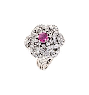 RUBY AND DIAMONDS RING. 10K WHITE GOLD