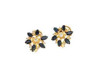 SAPPHIRES AND DIAMONDS EARRINGS. 14K YELLOW GOLD
