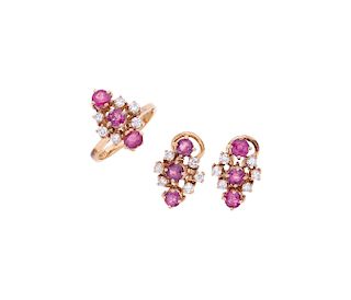 RING AND EARRINGS SET WITH RUBIES AND DIAMONDS. 14K YELLOW GOLD
