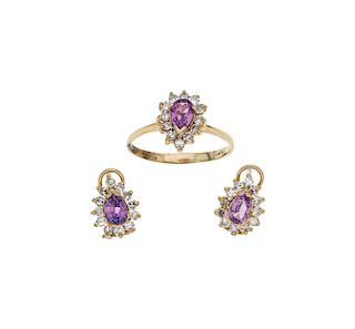 RING AND EARRINGS SET WITH DIAMONDS AND SIMULANTS. 10K YELLOW GOLD 