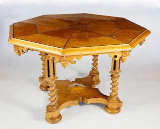 Tiger Maple Gothic Style Octagonal Center Table, 19th Century