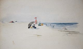 Rare Jane Brewster Reid Watercolor on Artist Board "Nantucket Jetties Beach Bathers