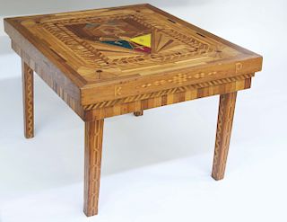Penitentiary Folk Art Multi-wood Inlaid Side Table, circa 1930s