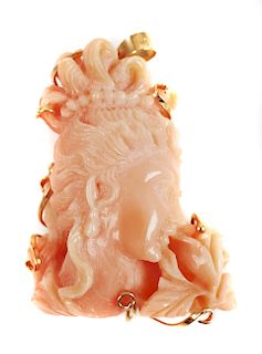 Antique Chinese CORAL Bust Pendant 14k Gold