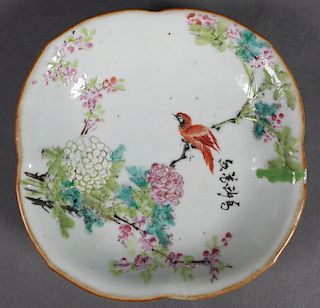 Chinese Footed Lotus Shape Plate, Handpainted