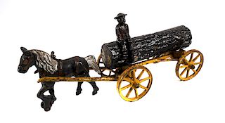 KENTON Cast Iron Horse Drawn Log Wagon