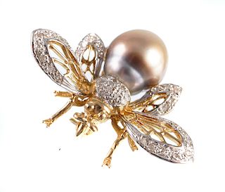 PEARL & DIAMOND Bee Pin Brooch, 14k Gold
