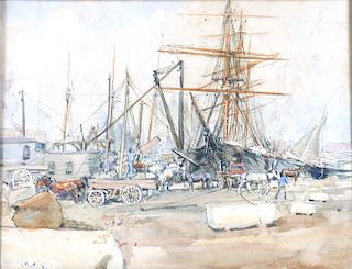Watercolor, Tall Ships at Port, Signed