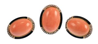 18K Yellow Gold Coral Onyx DIAMOND Earrings & Ring