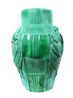 Art Deco Green Glass Draped Nudes Vase