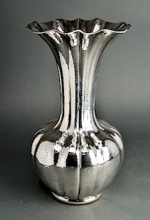 Large Continental Silver Hammered Lobed Vase
