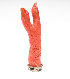 Wax Seal Carved Red Coral w 2 Bird-Heads, 19th C.