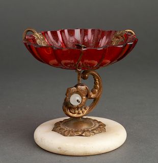Baroque Cranberry Glass & Brass Sm Compote 19th C.