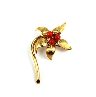 14K Yellow Gold w Coral Floral Motif Brooch