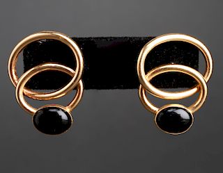 14K Yellow Gold & Onyx Earrings, Pair