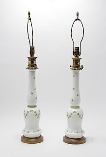 White Milk Glass Table Lamps w Clover Motif, Pair
