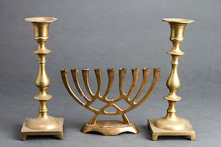 Judaica Menorah & Shabbat Candlesticks, Group of 3