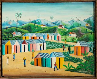 Janet Sanon Haitian "Village Scene" Oil on Canvas