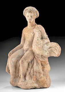 Greek Hellenistic Pottery Seated Boy w/ Rooster