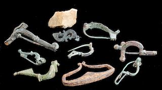 Lot of 8 Roman Bronze Fibulas, Iron & Flint Striker