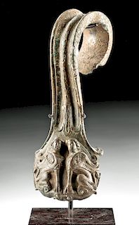 Etruscan Bronze Handle w/ Female Sphinxes, Silver Inlay