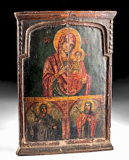 19th C. Greek Wood Icon - Virgin Hodegetria & Saints
