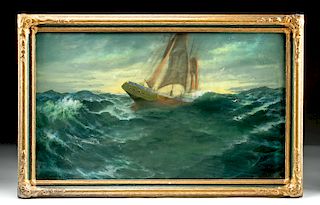 Framed 19th C. European Pastel - Ship in Storm