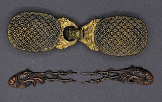 18th c. Chinese brass buckle & Pair of Menuki