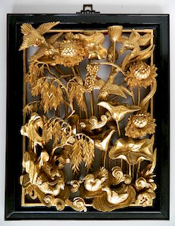 Asian carved and gilt wood panel