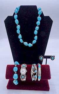 LOT NATIVE AMERICAN STERLING SILVER & TURQUIOSE JEWELRY